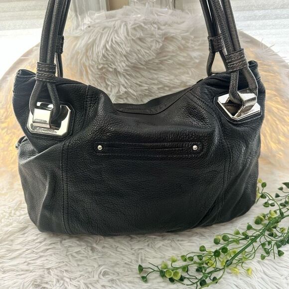 B. Makowsky Magnetic Flap Black Leather Metallic Gray Handles Shoulder Handbag - Picture 3 of 11